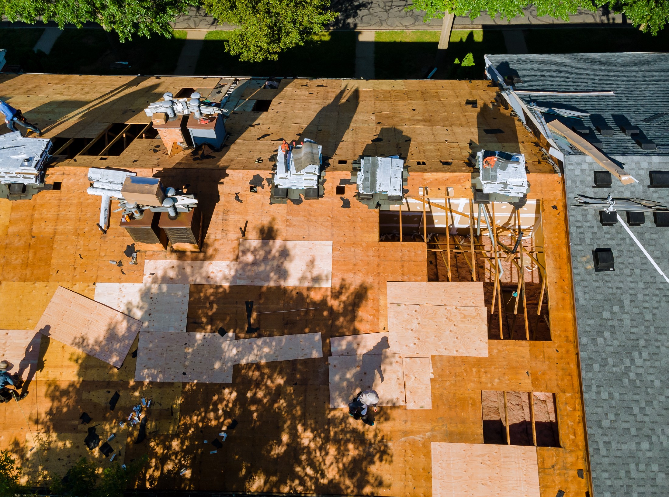 Roof Repair, Worker With Replacing Gray Asphalt Tile Shingles On House Roofing Construction Worker Standing On A Roof Covering